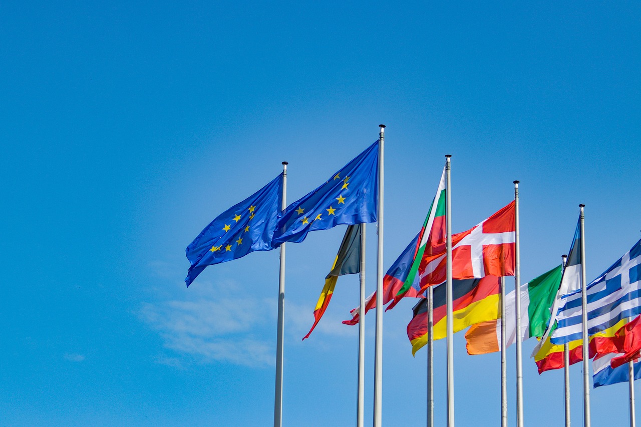 european union, european parliament, flags, nature, flagpoles, eu, countries, nations, national flags, symbol, sky